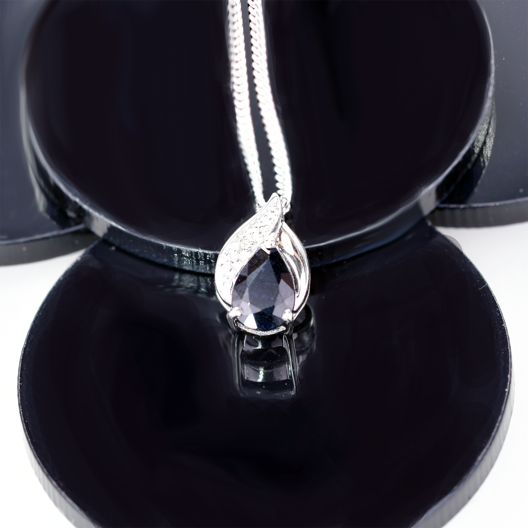 Silver Diamond Necklace Sapphire Blue 0.75ct Pear Womens