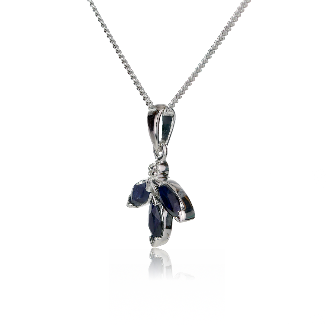 Diamond Necklace Earring Set Silver Sapphire Pendant 1.65ct Blue Marquise