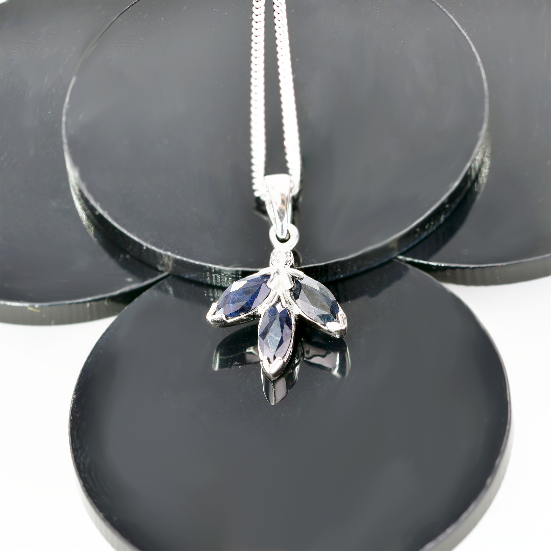 Diamond Necklace Earring Set Silver Sapphire Pendant 1.65ct Blue Marquise