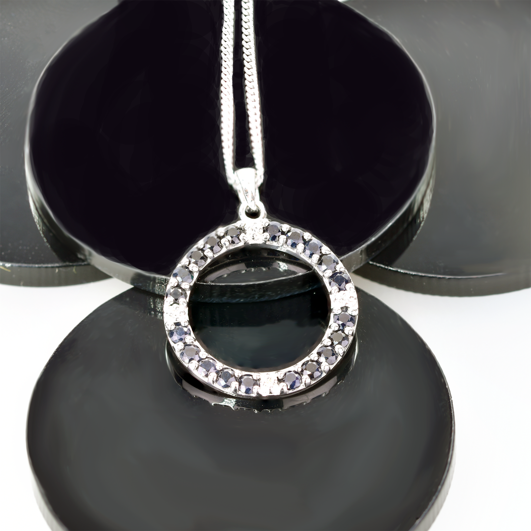 Silver Diamond Necklace Sapphire Ink Blue Circle Ojewellery 18'' Chain PDSICLSR