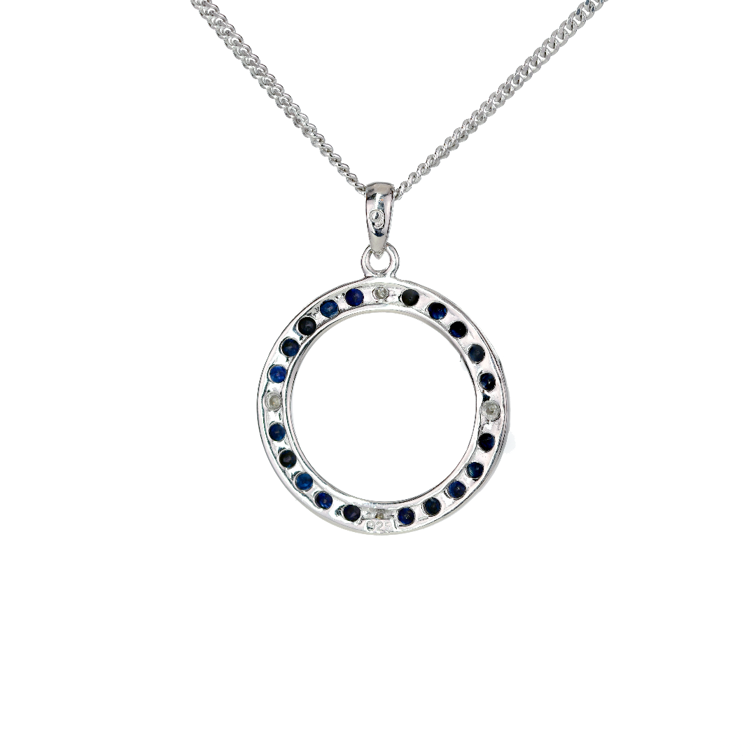 Silver Diamond Necklace Sapphire Ink Blue Circle Ojewellery 18'' Chain PDSICLSR