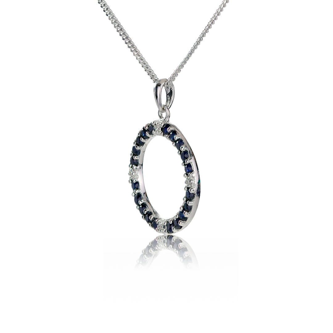 Silver Diamond Necklace Sapphire Ink Blue Circle Ojewellery 18'' Chain PDSICLSR