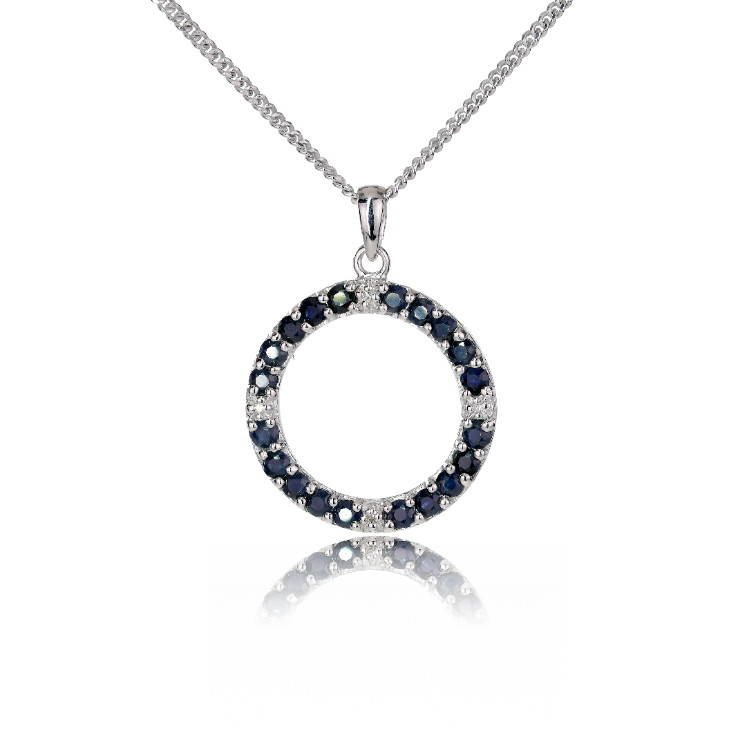 Silver Diamond Necklace Sapphire Ink Blue Circle Ojewellery 18'' Chain PDSICLSR