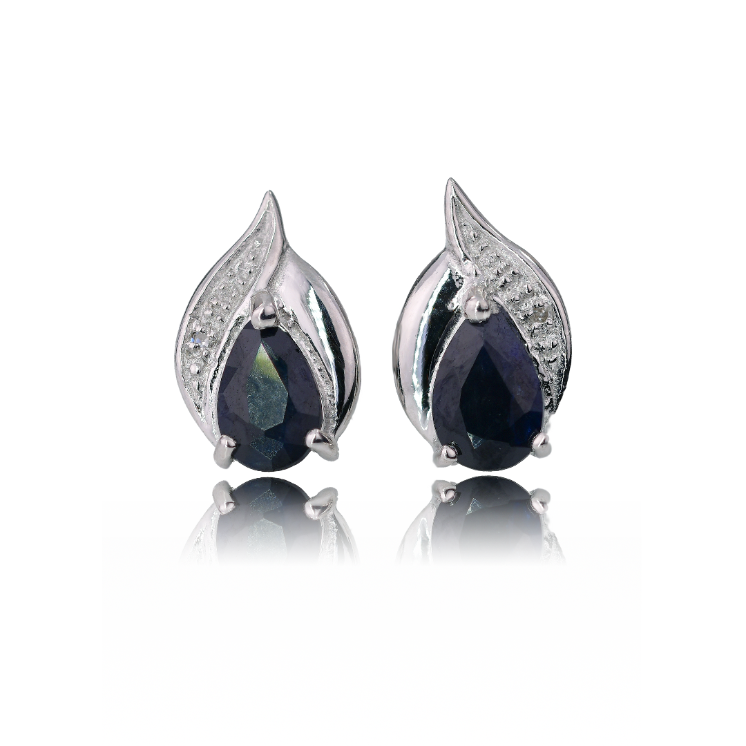 Silver Diamond Earrings Stud Sapphire Ink Blue Pear Womens