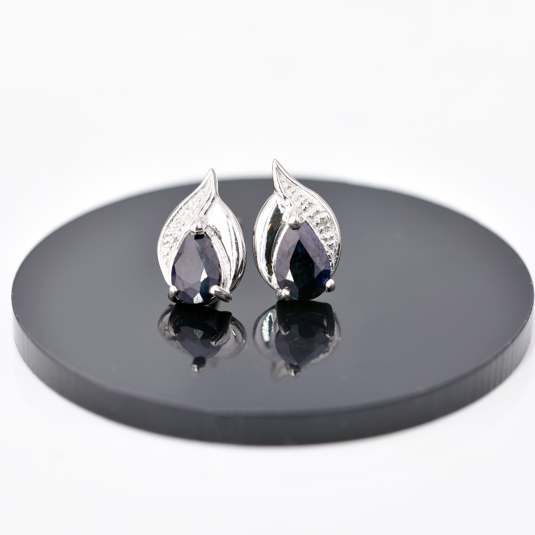 Silver Diamond Earrings Stud Sapphire Ink Blue Pear Womens