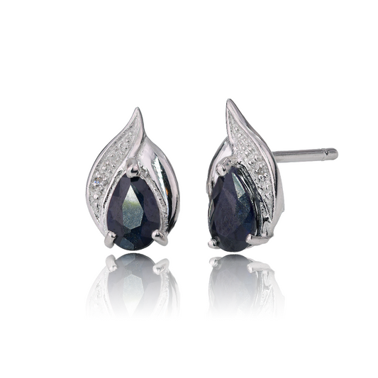 Silver Diamond Earrings Stud Sapphire Ink Blue Pear Womens