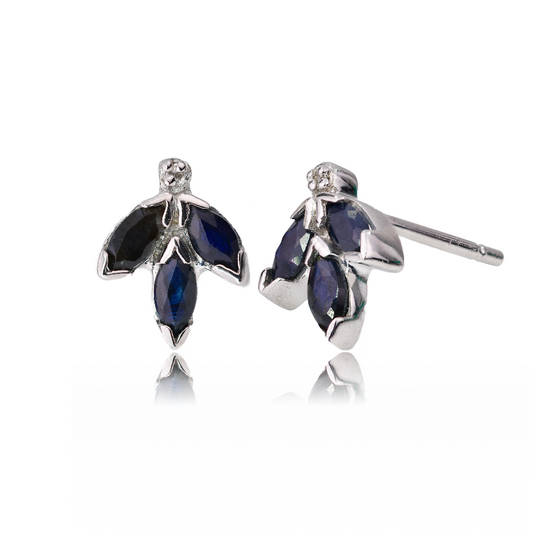 Silver Diamond Earrings Stud Sapphire Ink Blue Marquise Leaf Womens