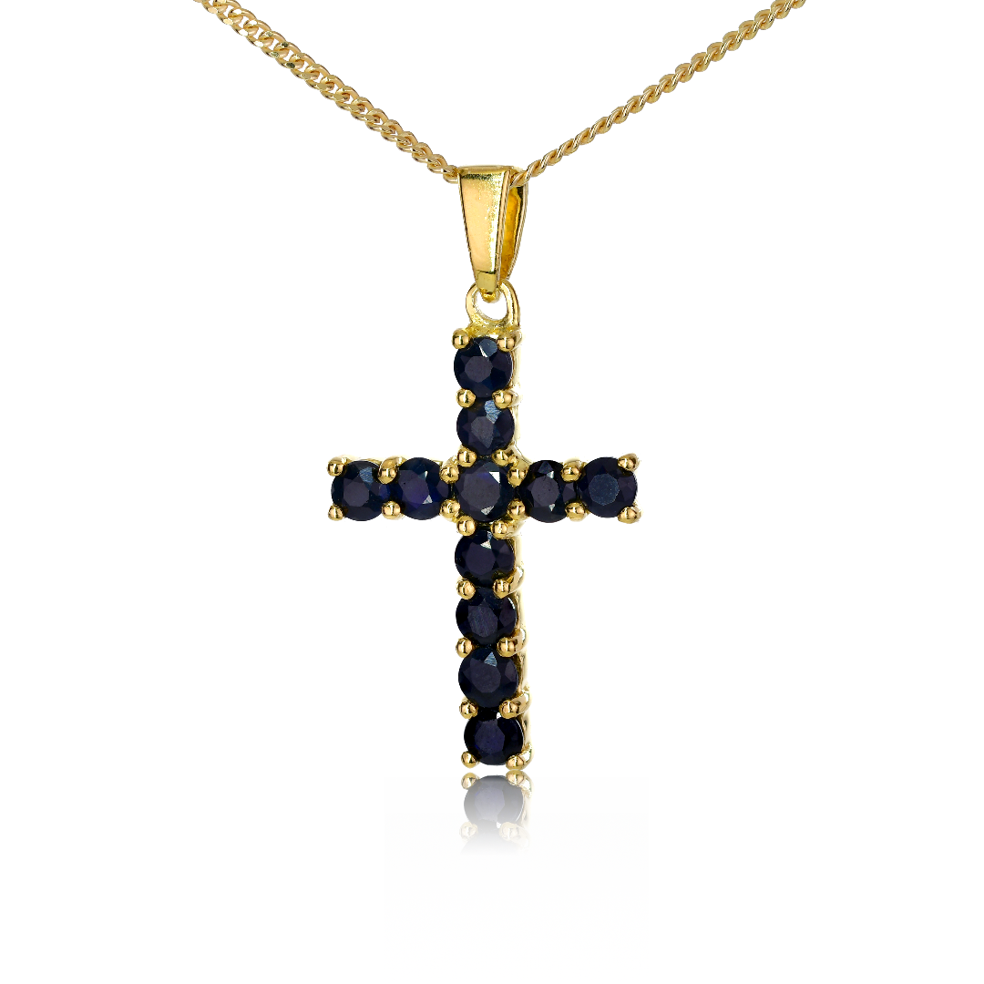 Silver Necklace Gold Plate 1.65ct Sapphire Blue Cross 18'' Chain