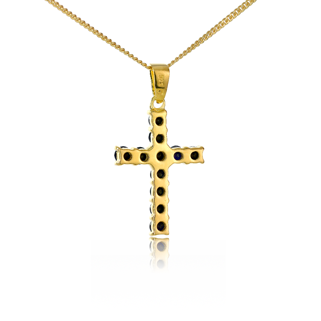 Silver Necklace Gold Plate 1.65ct Sapphire Blue Cross 18'' Chain