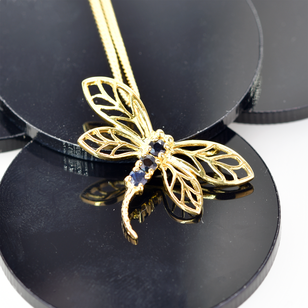 Silver Necklace Gold Plate Sapphire Blue 0.3ct Dragonfly 18'' Chain Ojewellery