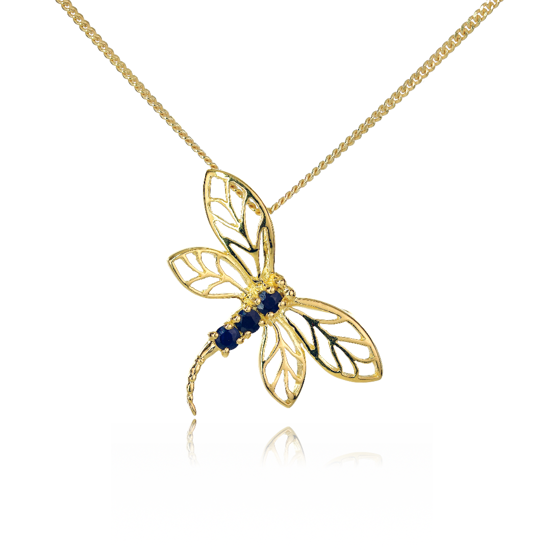 Silver Necklace Gold Plate Sapphire Blue 0.3ct Dragonfly 18'' Chain Ojewellery