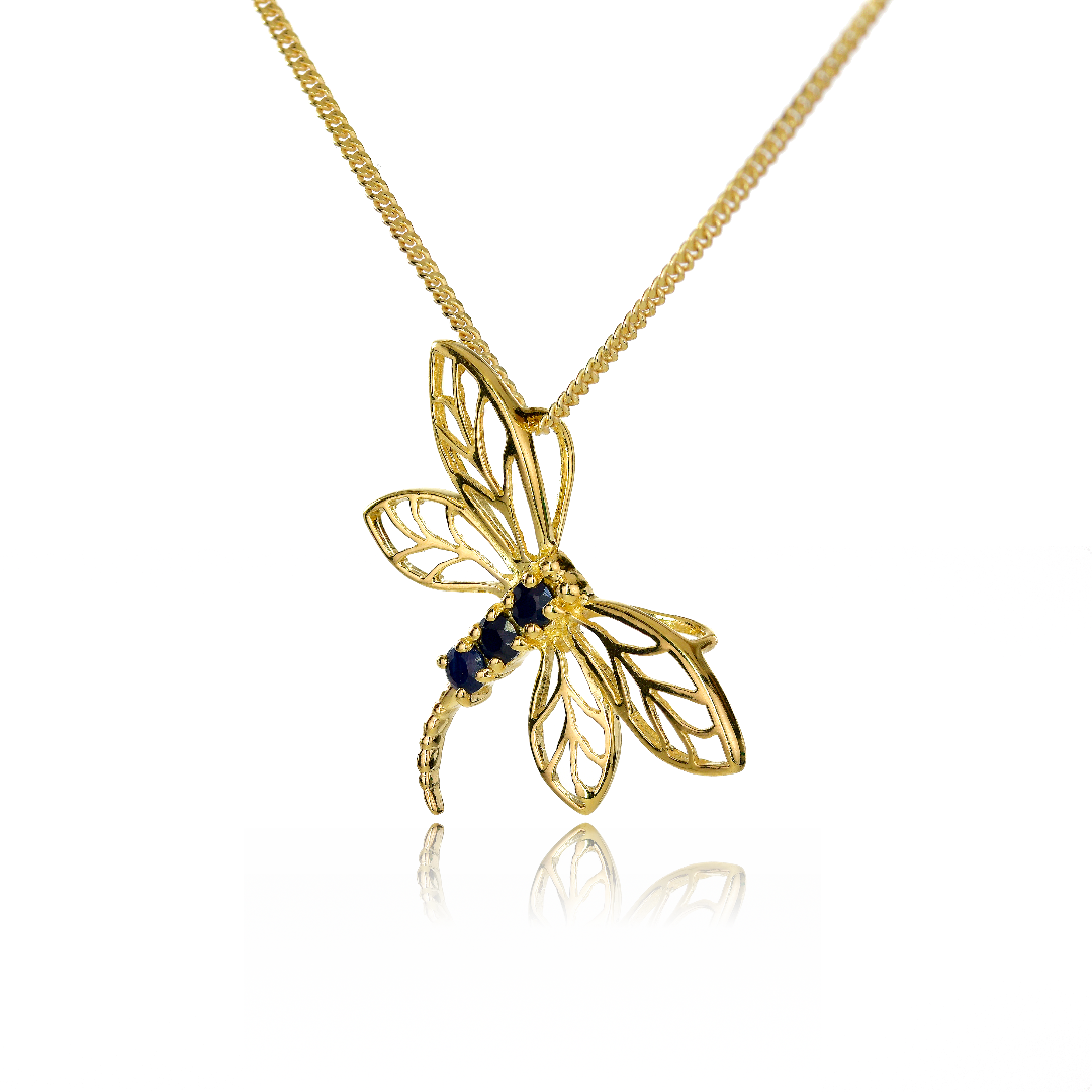 Silver Necklace Gold Plate Sapphire Blue 0.3ct Dragonfly 18'' Chain Ojewellery