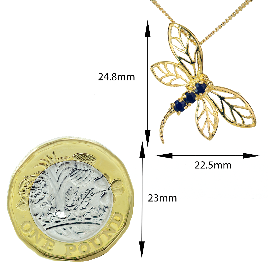 Silver Necklace Gold Plate Sapphire Blue 0.3ct Dragonfly 18'' Chain Ojewellery