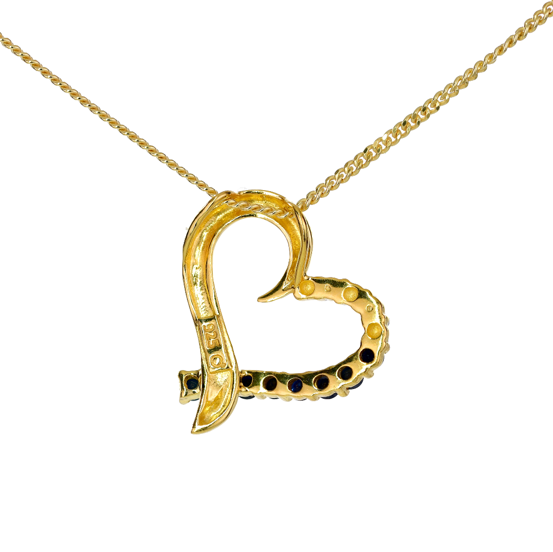 Silver Diamond Necklace Gold Plate Sapphire Blue Heart 18'' Chain Ojewellery