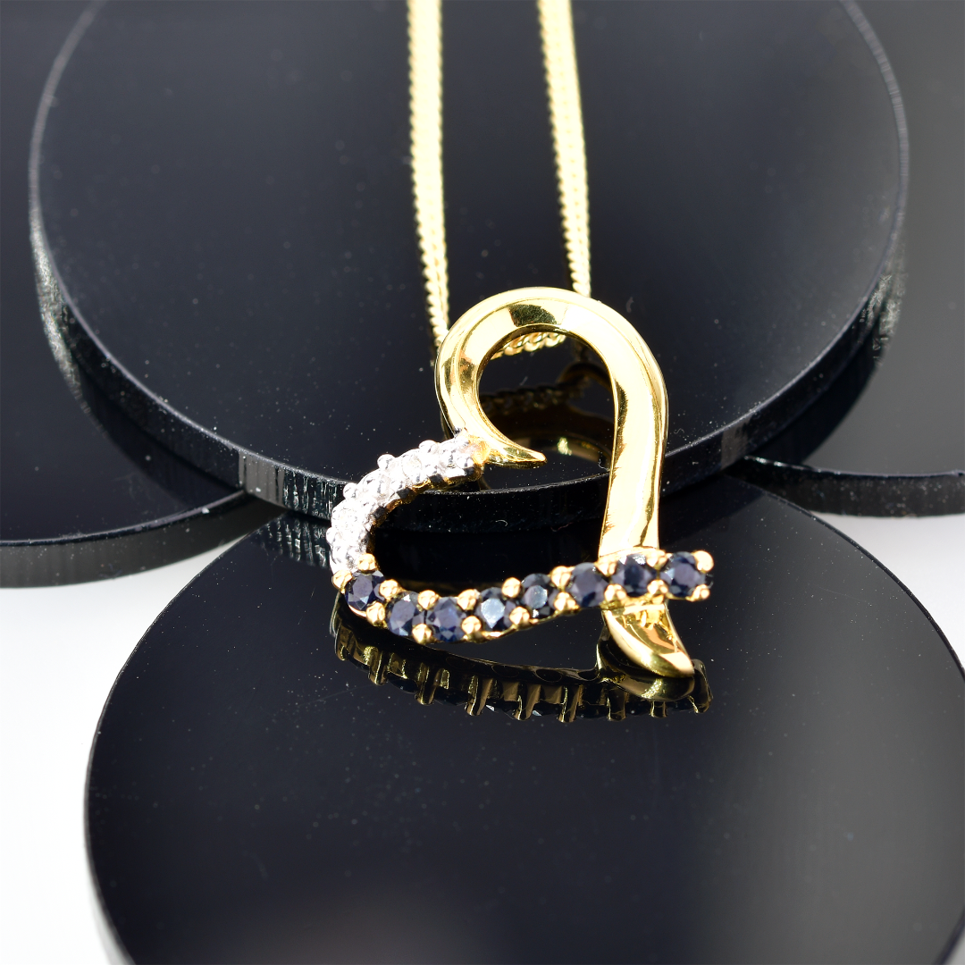 Silver Diamond Necklace Gold Plate Sapphire Blue Heart 18'' Chain Ojewellery