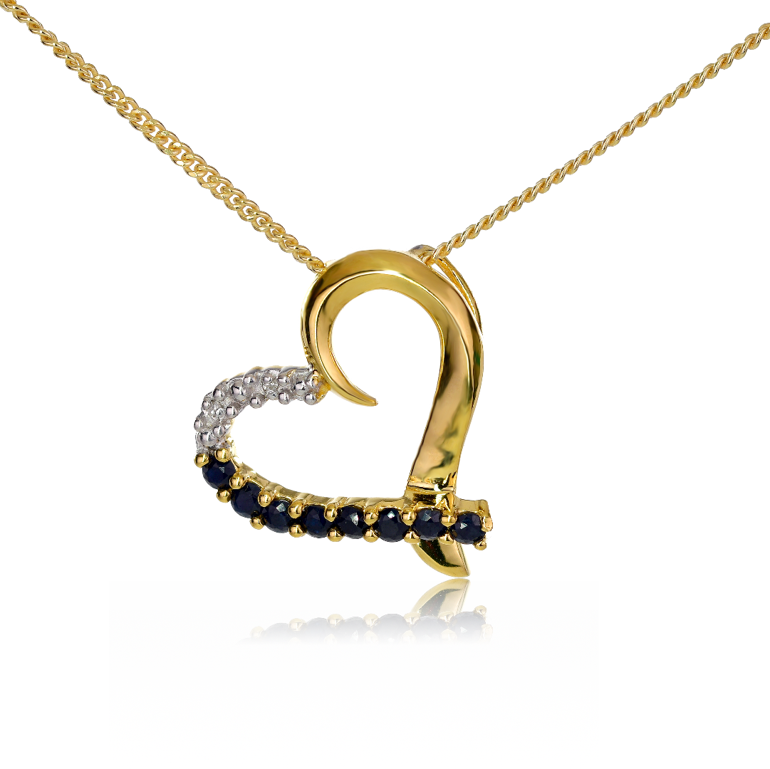 Silver Diamond Necklace Gold Plate Sapphire Blue Heart 18'' Chain Ojewellery