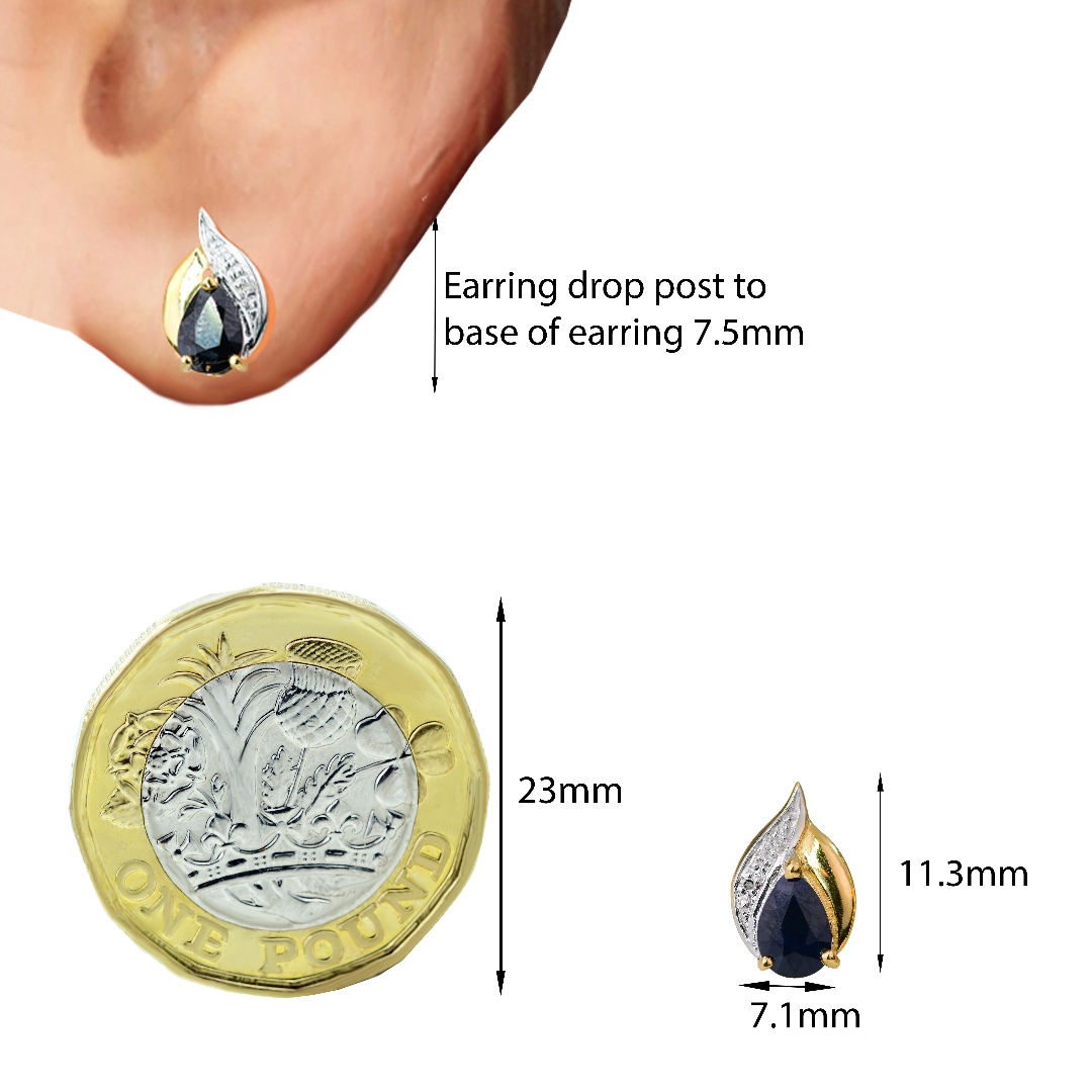 Silver Diamond Earrings Gold Plate Stud Sapphire Ink Blue Pear Womens