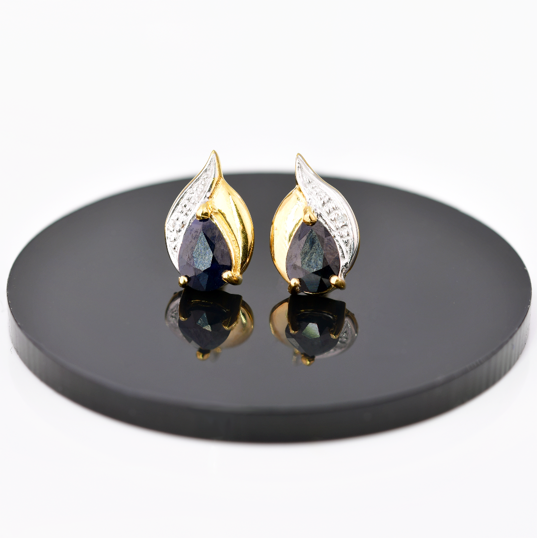 Silver Diamond Earrings Gold Plate Stud Sapphire Ink Blue Pear Womens