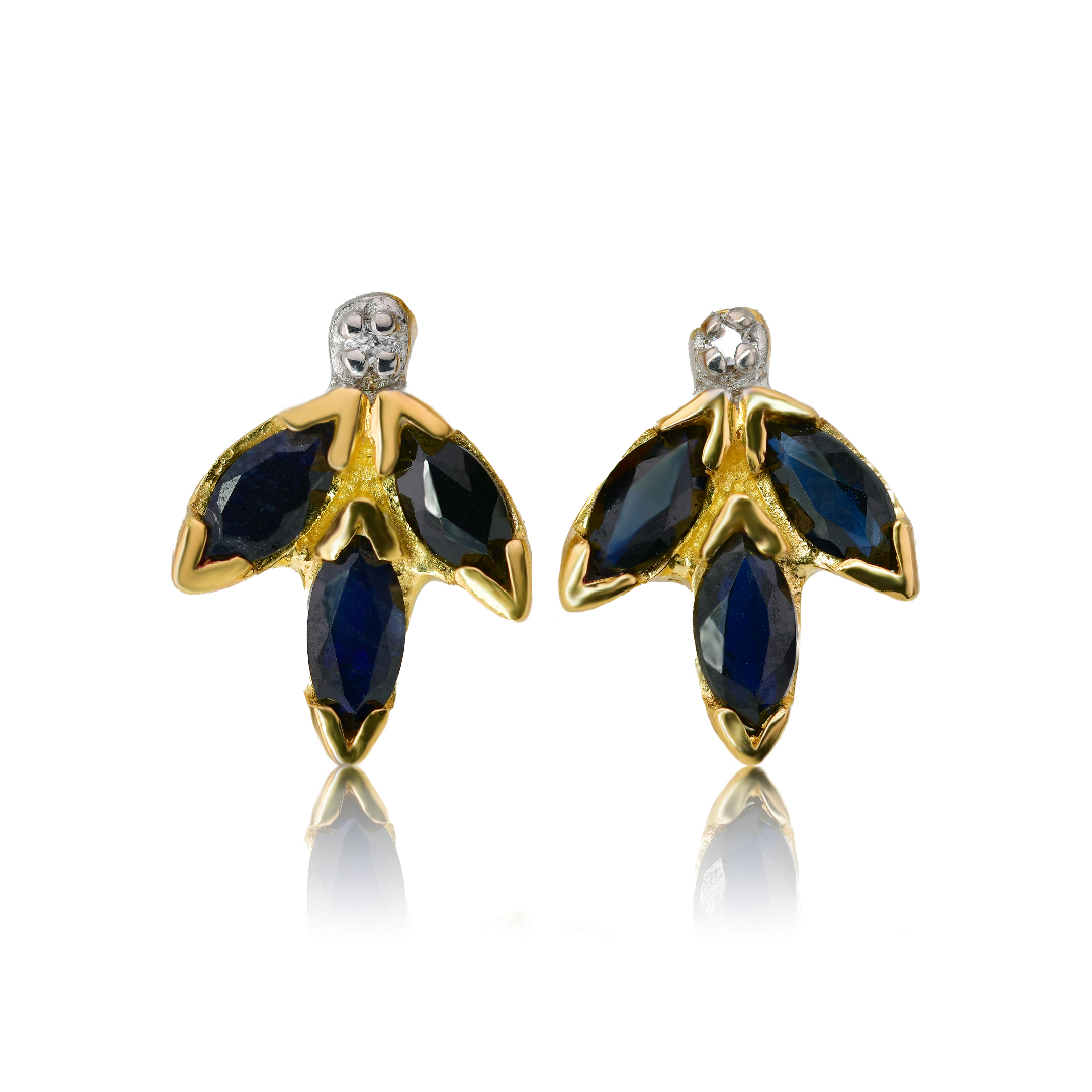 Silver Diamond Earrings Gold Plate Stud Sapphire Ink Blue Marquise Leaf Womens