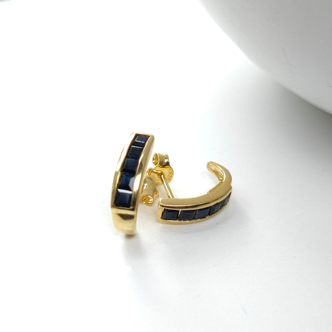 Ink Blue Sapphire Earrings Hoop Look Gold Plated Sterling Silver