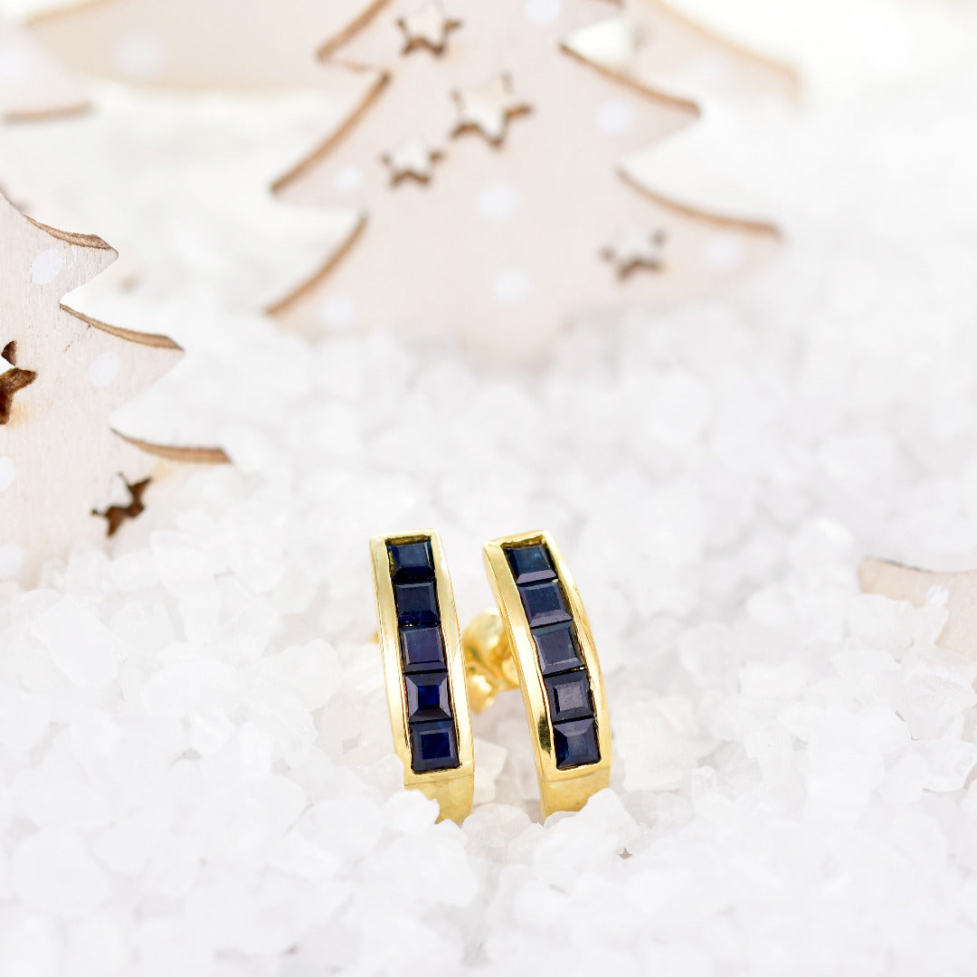 Ink Blue Sapphire Earrings Hoop Look Gold Plated Sterling Silver