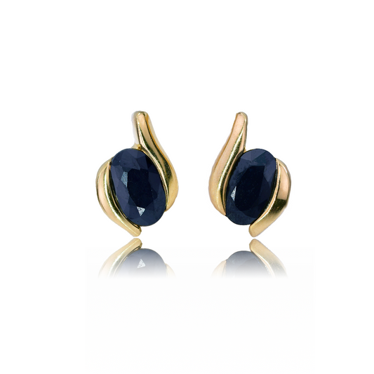 Silver Earrings Gold Plate Stud Sapphire Ink Blue Oval Contemporary Womens