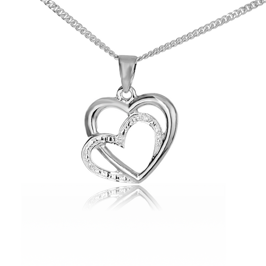 Silver Diamond Necklace Double Heart 18'' Chain