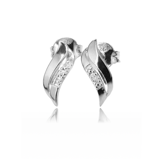 Silver Diamond Earrings Stud Wave Double