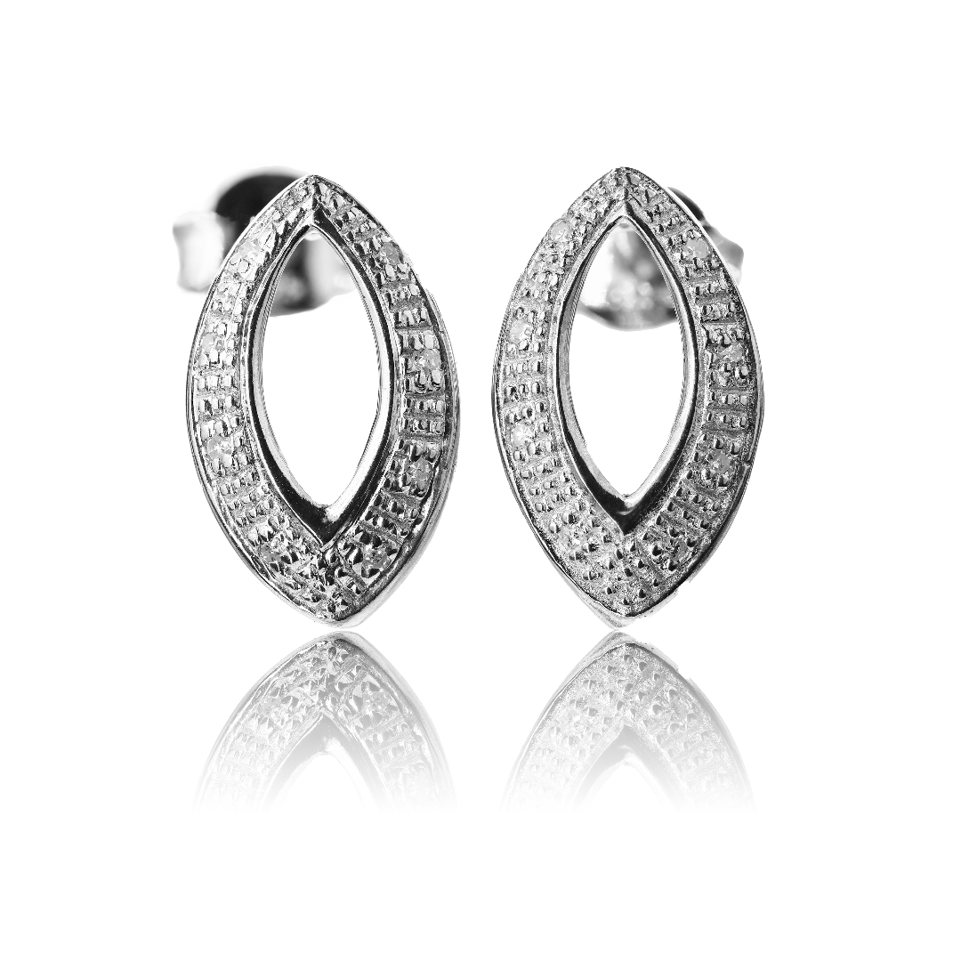 Silver Diamond Earrings Stud Open Oval Womens