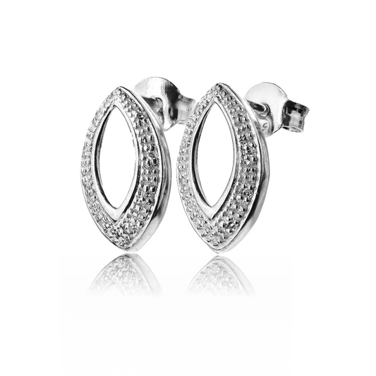 Silver Diamond Earrings Stud Open Oval Womens