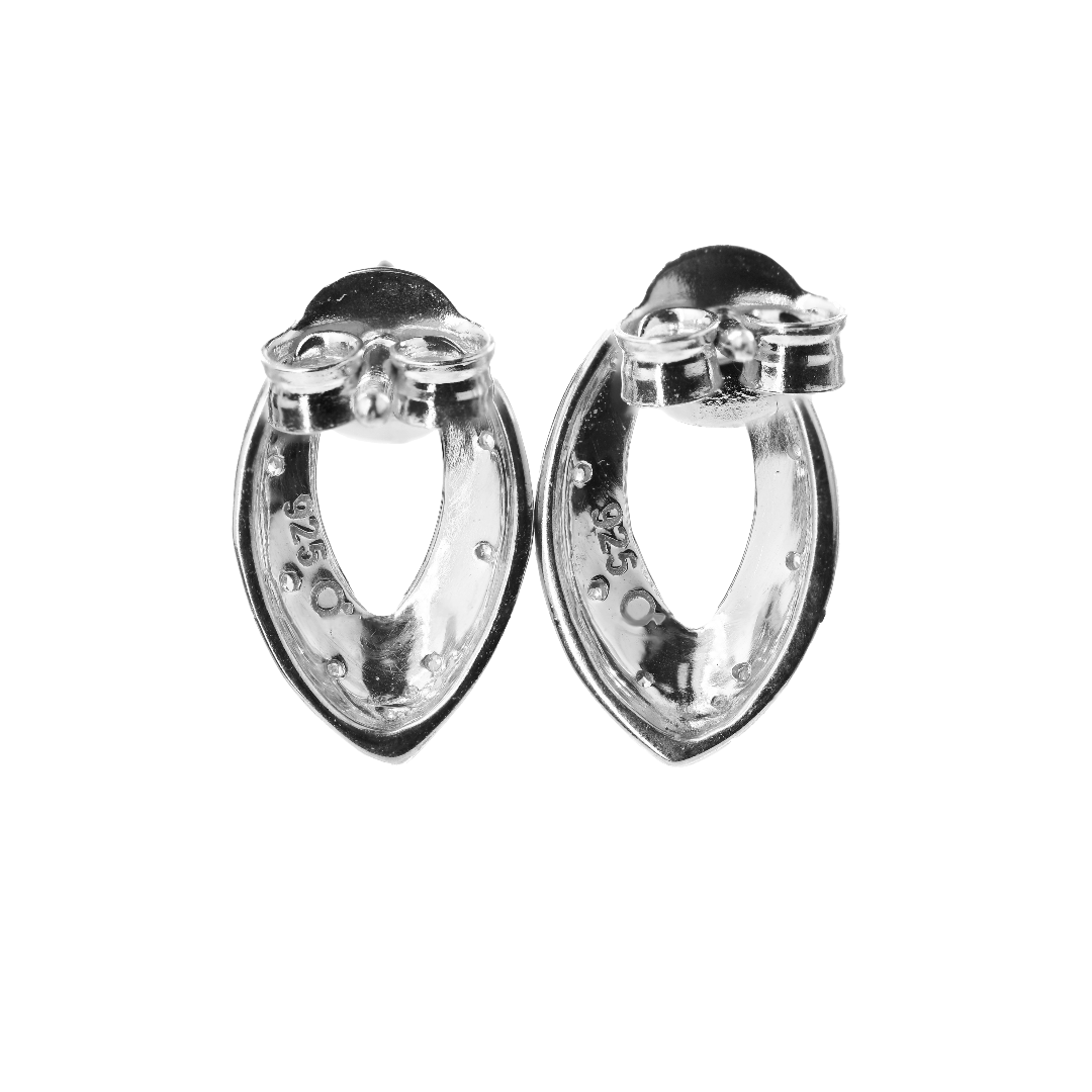 Silver Diamond Earrings Stud Open Oval Womens