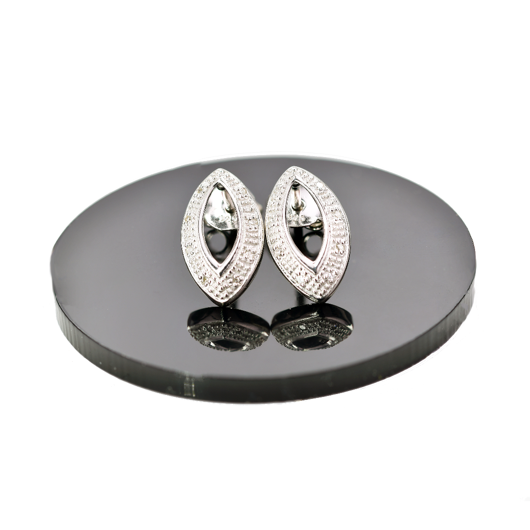 Silver Diamond Earrings Stud Open Oval Womens