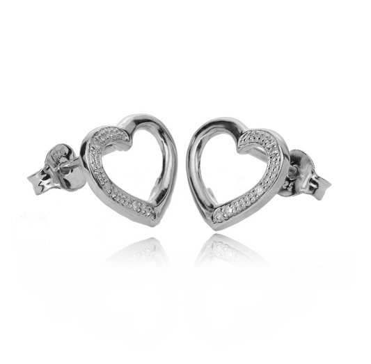 Silver Diamond Earrings Stud Heart Womens