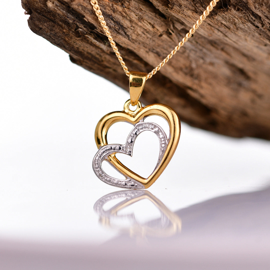 Silver Diamond Necklace Gold Plate Double Heart