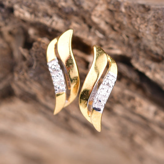 Silver Diamond Earrings Gold Plate Stud Wave Double Womens