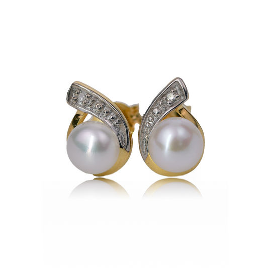 Diamond Pearl Stud Earrings Yellow Gold Plated Sterling Silver