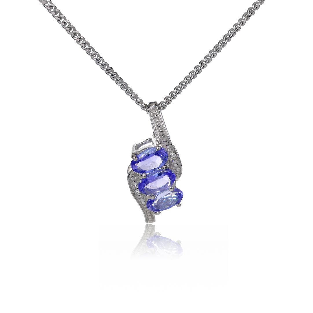 Silver Diamond Necklace Tanzanite Ovals 0.72ct  Ojewellery 18'' Chain