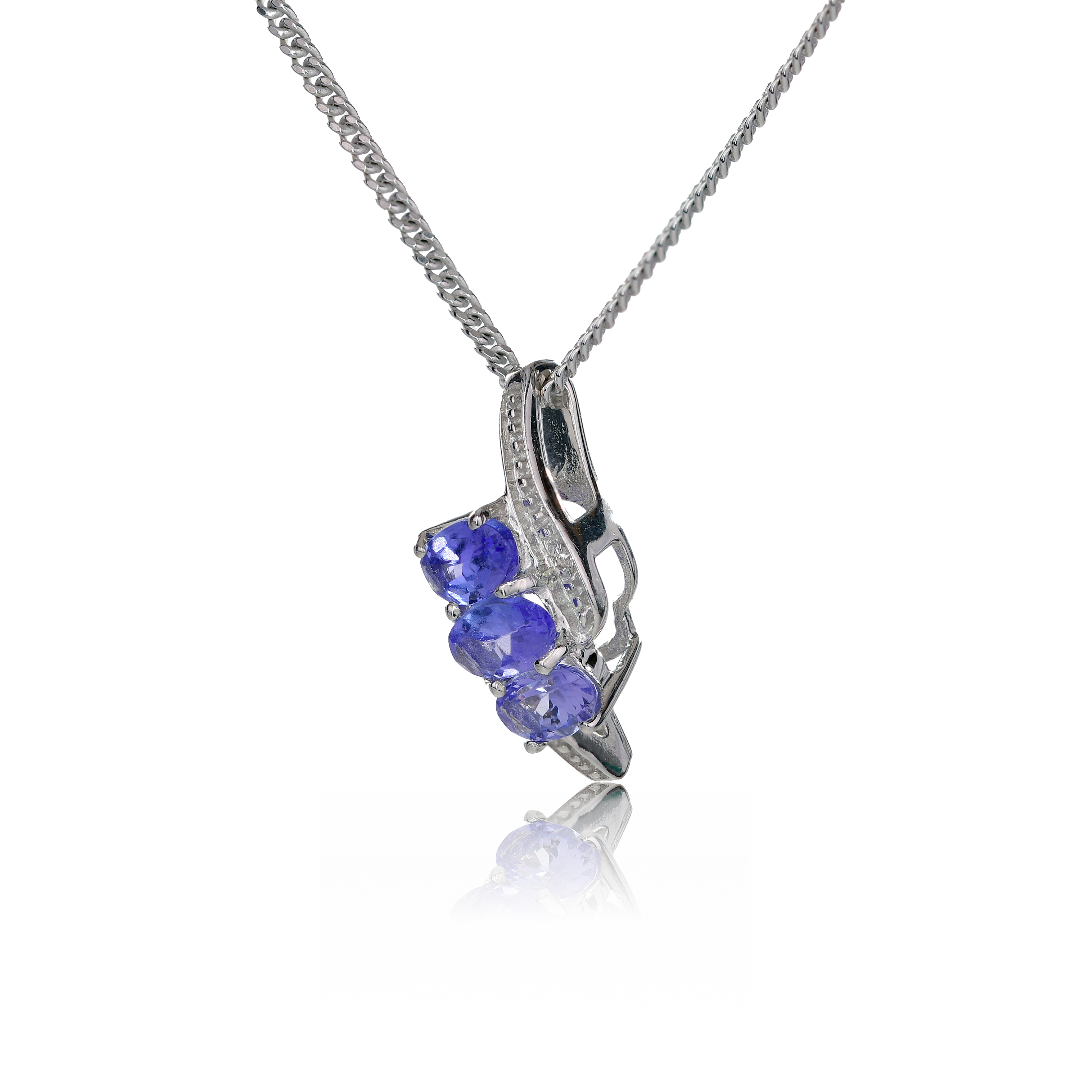 Silver Diamond Necklace Tanzanite Ovals 0.72ct  Ojewellery 18'' Chain