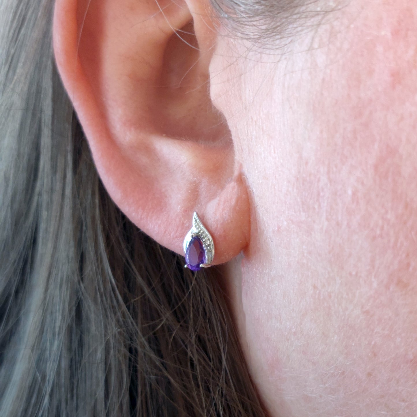 Silver Diamond Earrings Stud Amethyst Pear