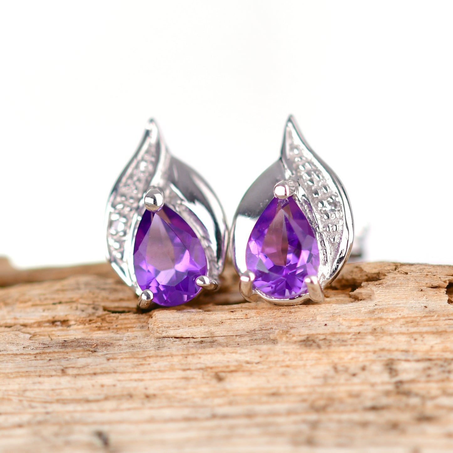 Silver Diamond Earrings Stud Amethyst Pear