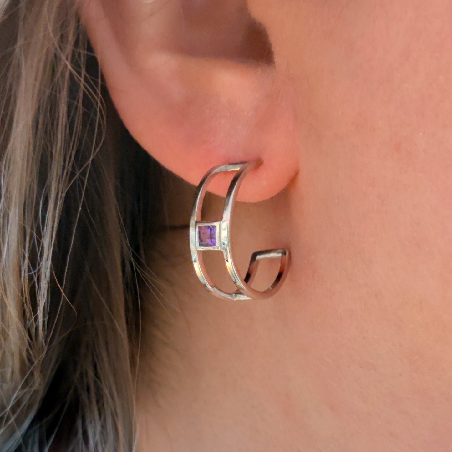 Amethyst Hoop Look Earrings Sterling Silver