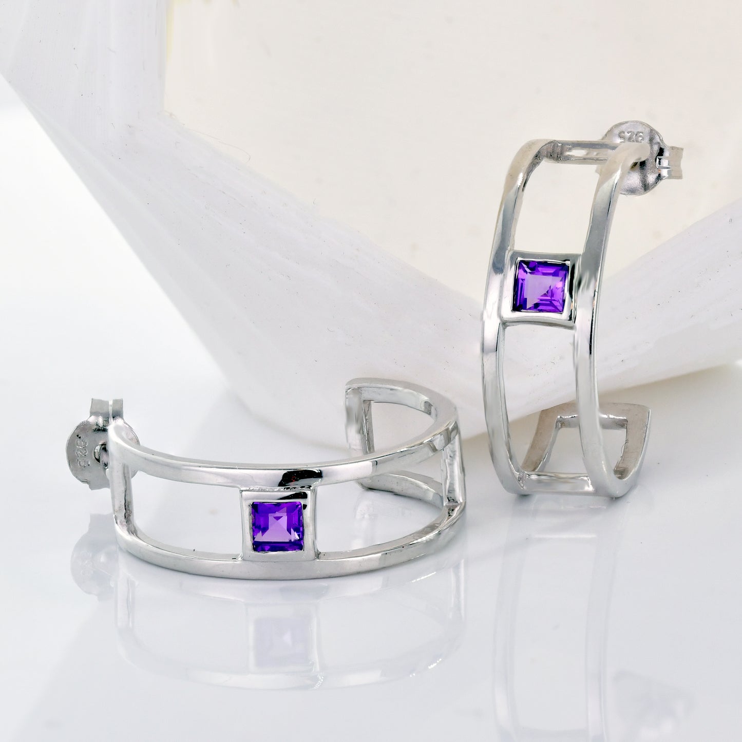 Amethyst Hoop Look Earrings Sterling Silver