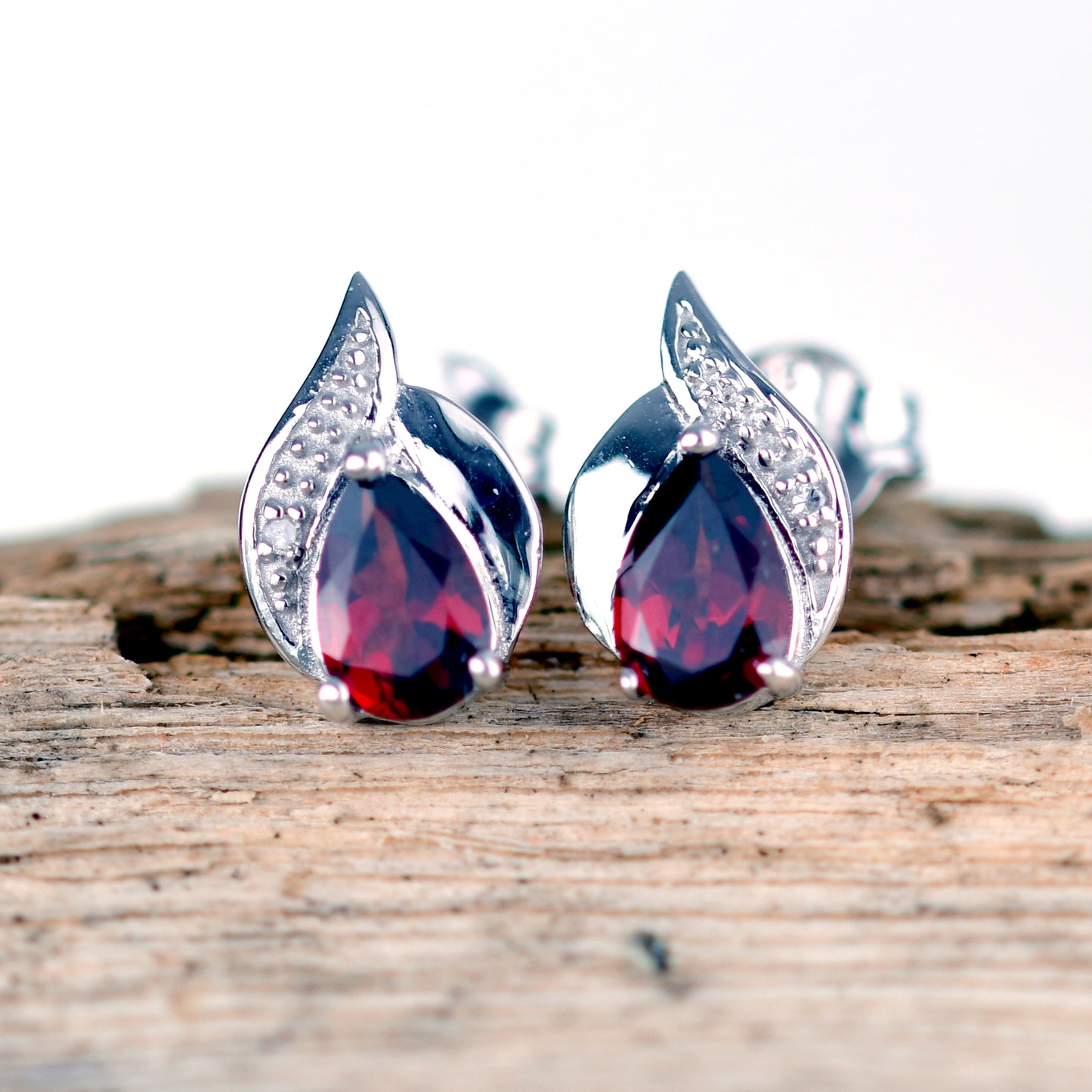 Silver Diamond Earrings Stud Garnet Pear