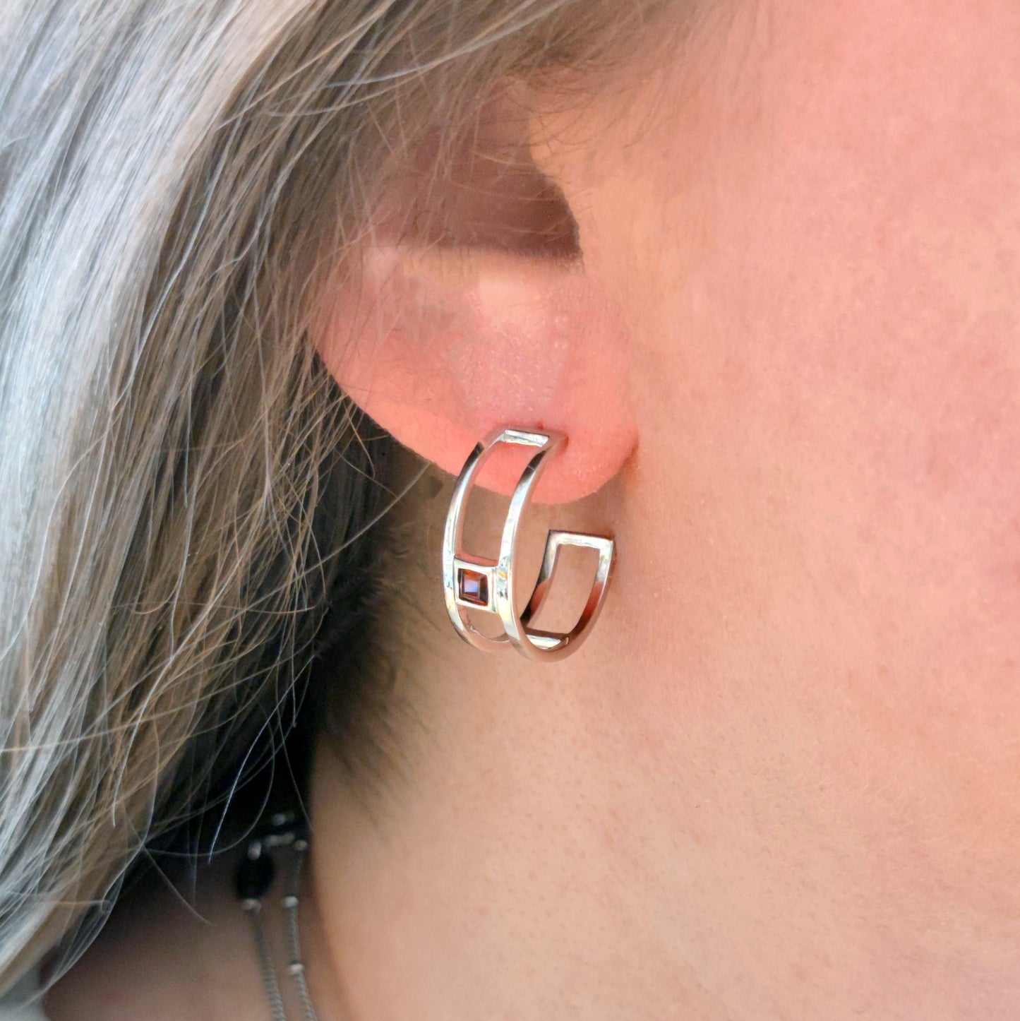 Garnet Hoop Earrings Sterling Silver Butterfly Fastening