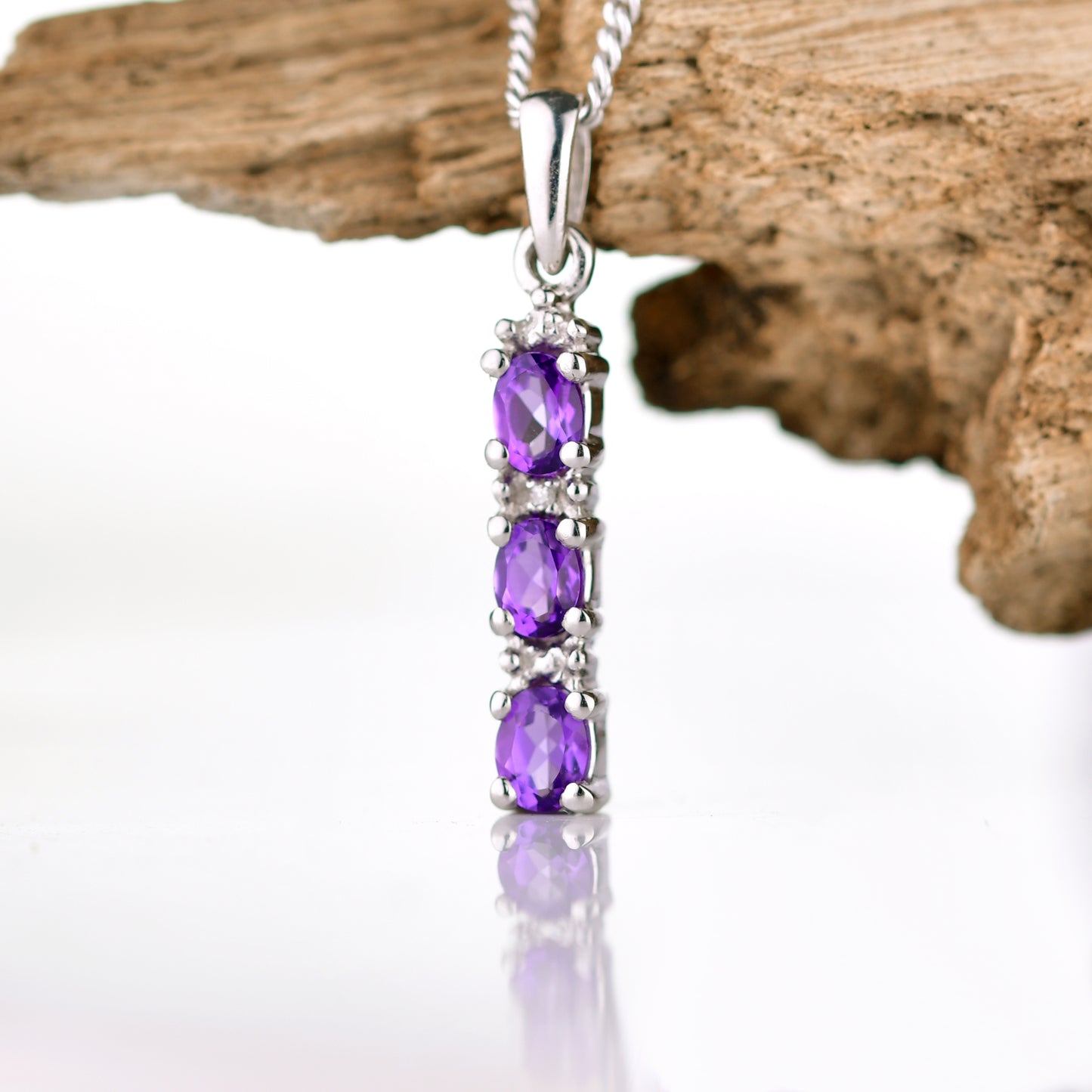 Amethyst and Diamond Drop Pendant Sterling Silver