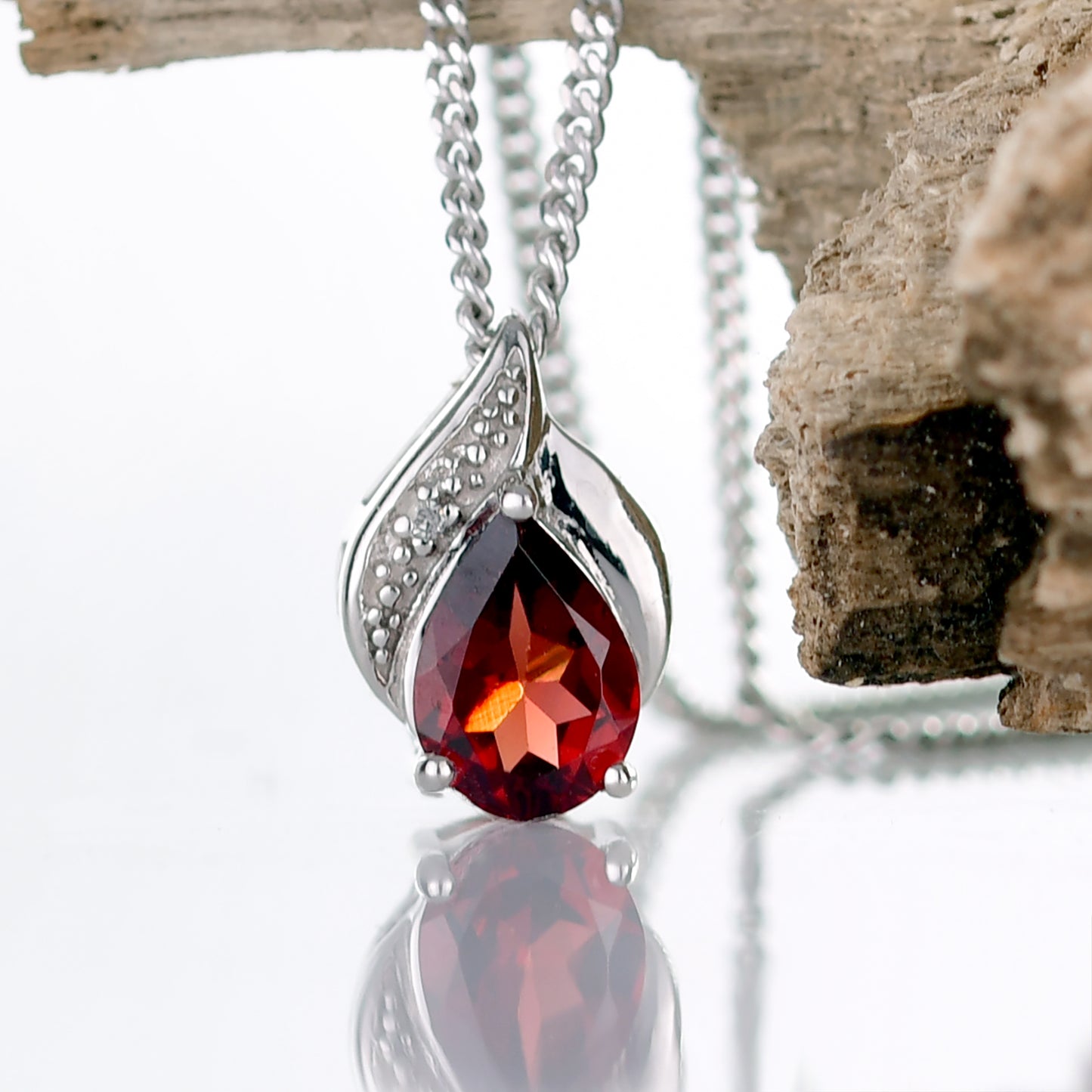 Silver Diamond Pendant Garnet Pear