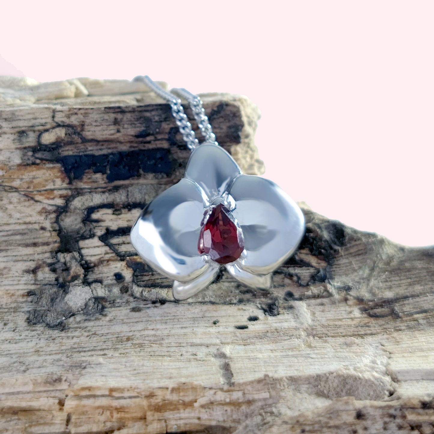 Garnet Aphrodite Orchid Necklace Sterling Silver