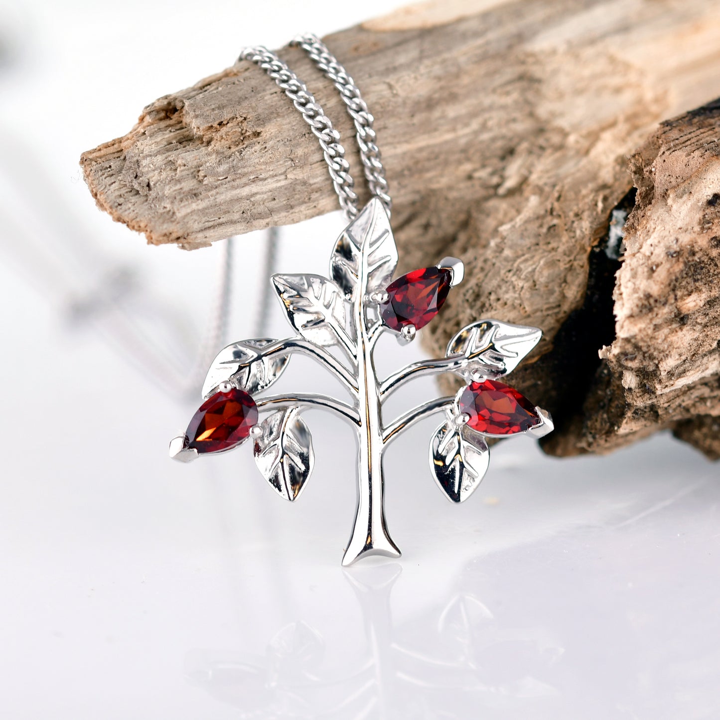 Garnet Necklace 0.75ct Pear Red Tree of Life Pendant Sterling Silver