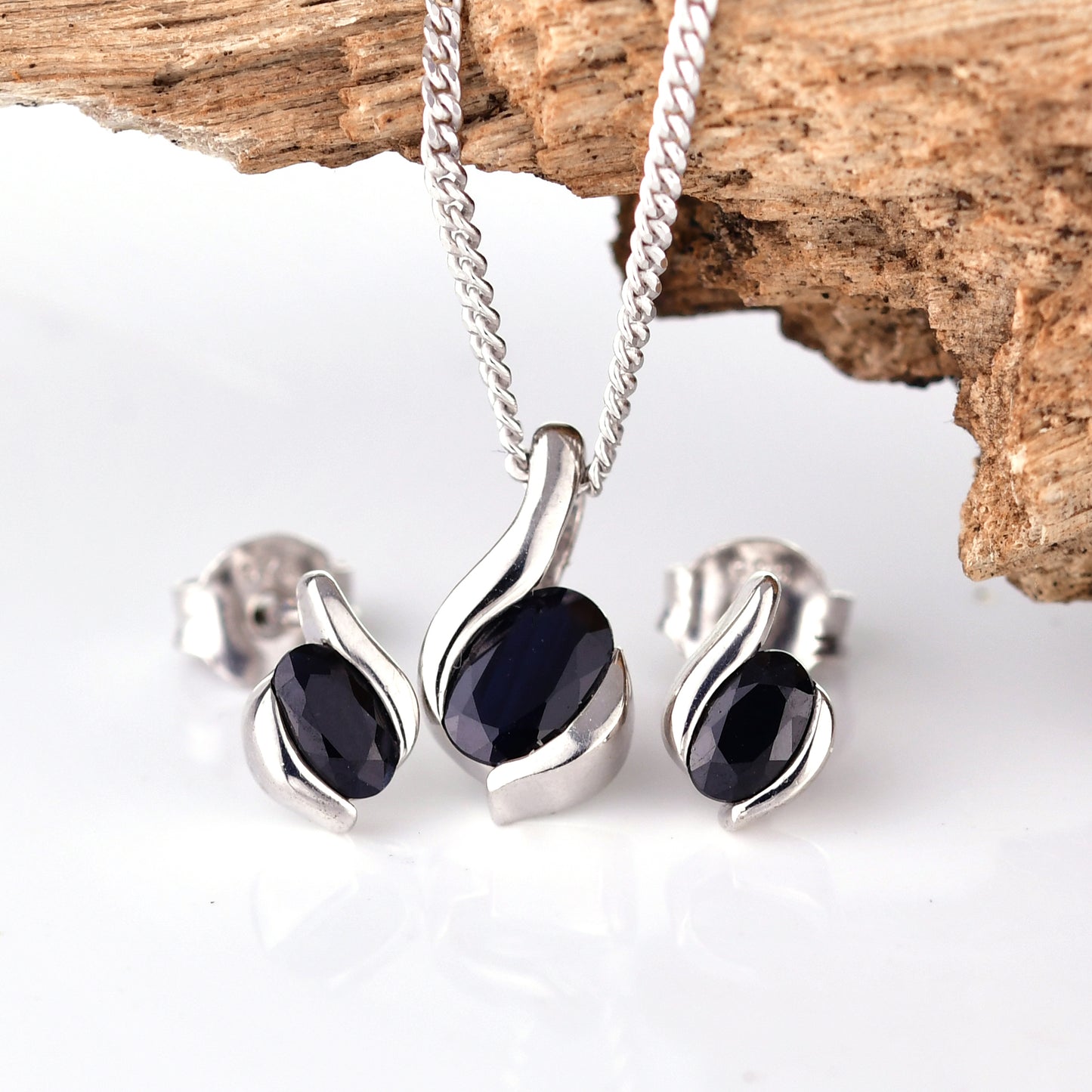 Silver Necklace Earring Set 925 Sapphire Blue 1.3ct Oval 18'' Chain