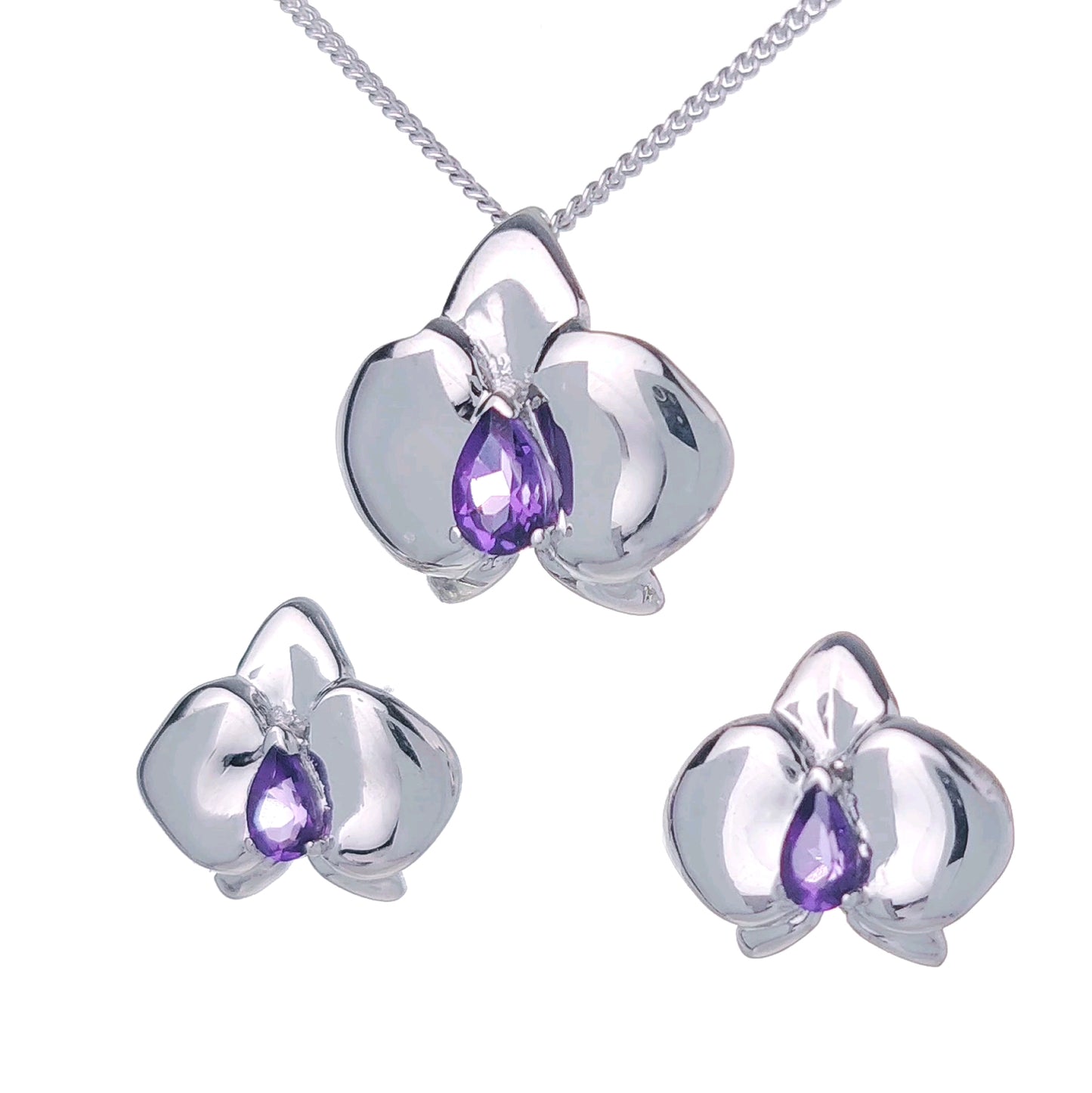 Set Amethyst Necklace Earrings Silver Orchid Pendant Stud 0.75ct February Birthstone